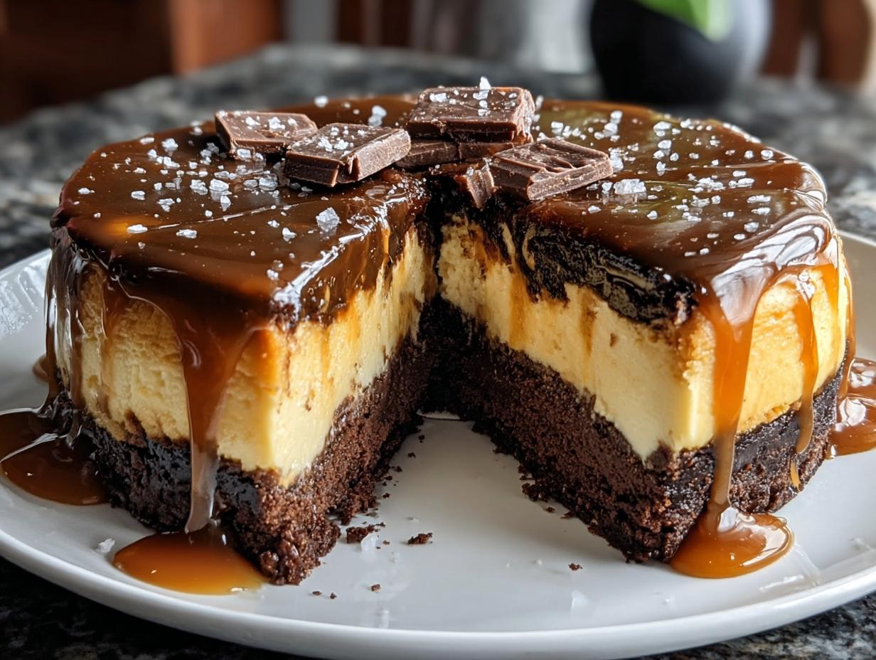 Caramel Brownie Cheesecake: 1 Divine Dessert - Caramel Brownie Cheesecake - close-up of a slice