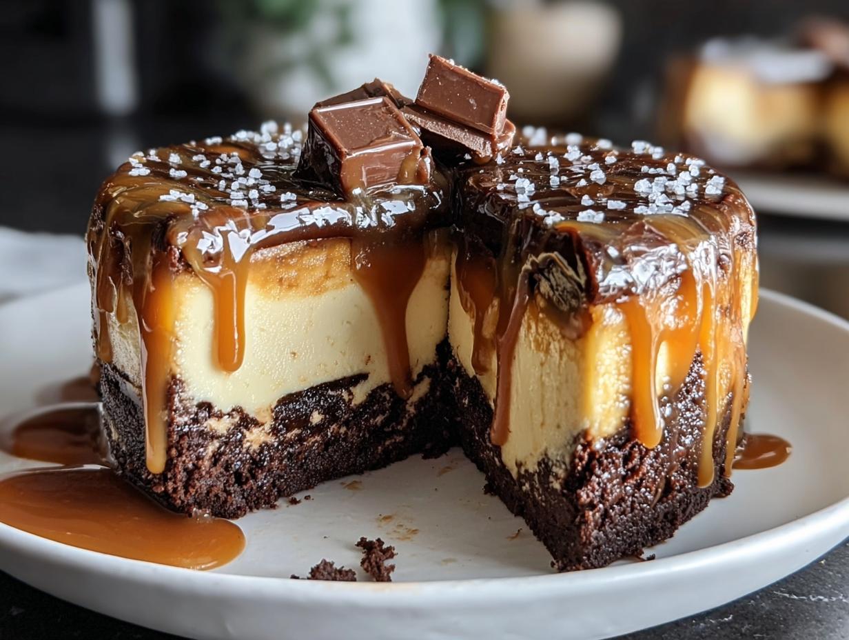 Caramel Brownie Cheesecake: 1 Divine Dessert - Caramel Brownie Cheesecake - overhead view of the whole cheesecake