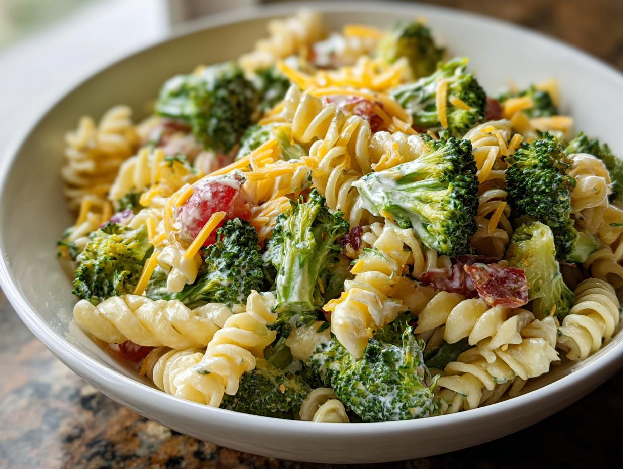 Close-up of Broccoli Pasta Salad ingredients being tossed