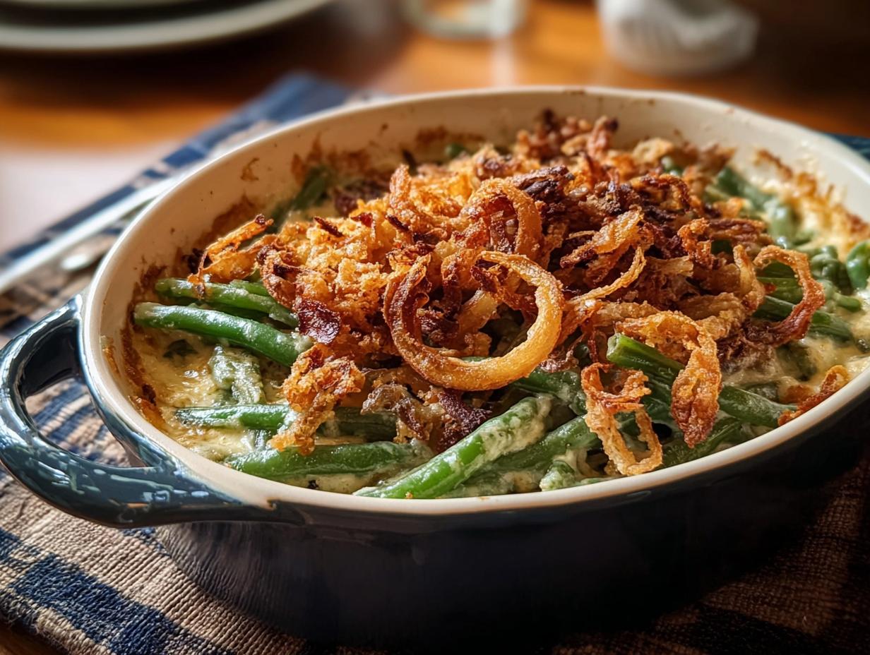 Campbells Green Bean Casserole - close-up of green bean casserole with crispy onions