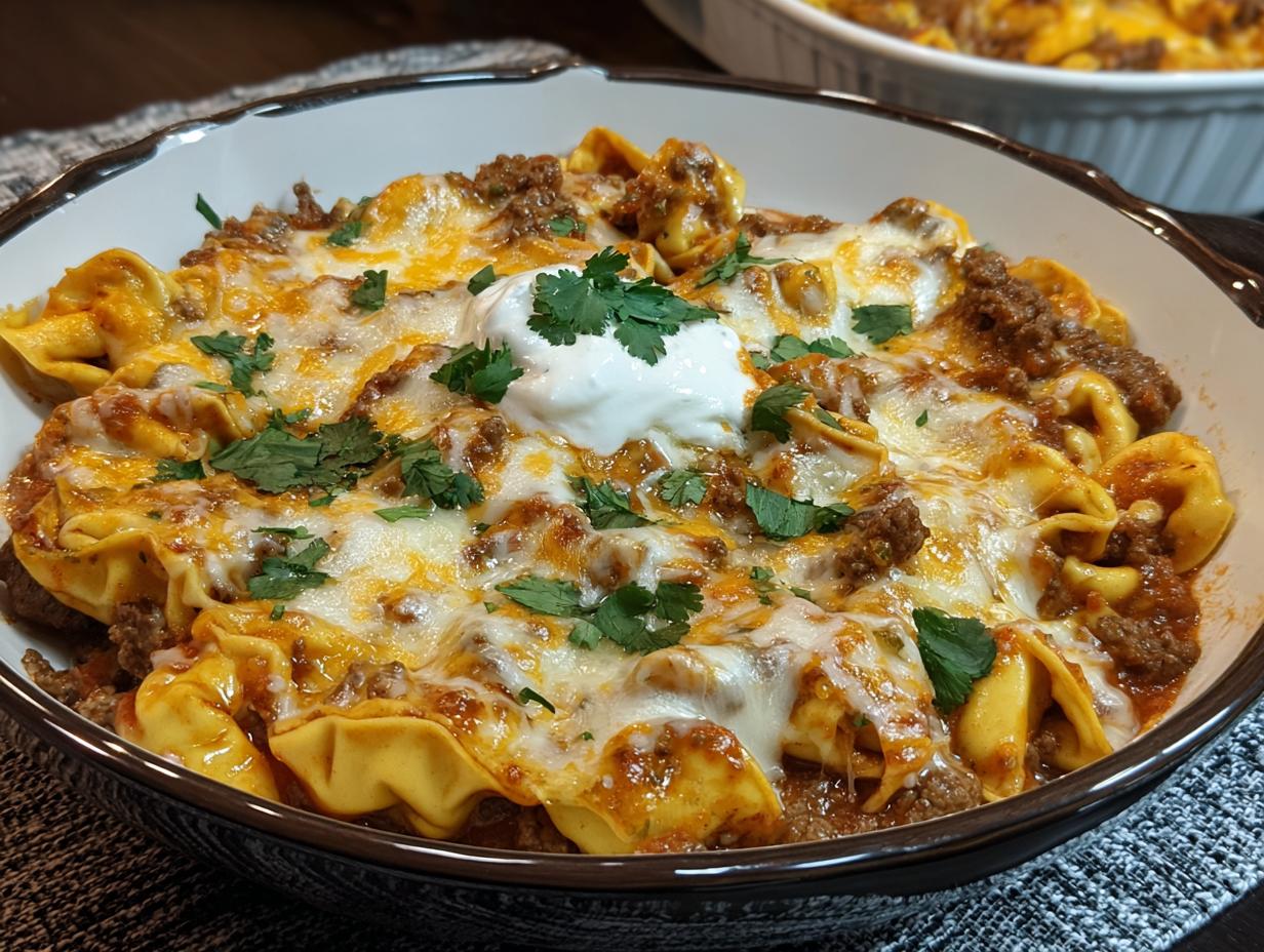 Cheesy Beef Enchilada Tortellini - close-up of the cheesy tortellini mixture in the skillet