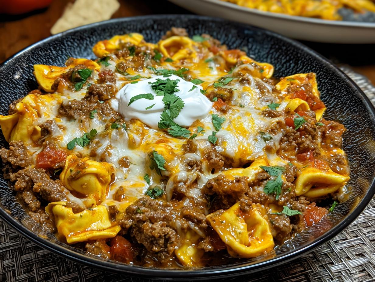 Cheesy Beef Enchilada Tortellini - overhead view of the finished dish with garnishes