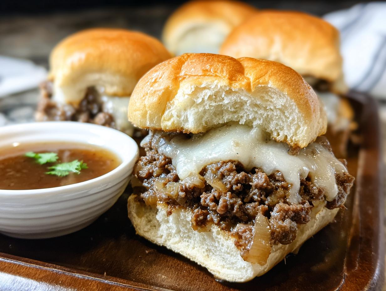 French Dip Sloppy Joes - close up of the sandwich with melted cheese