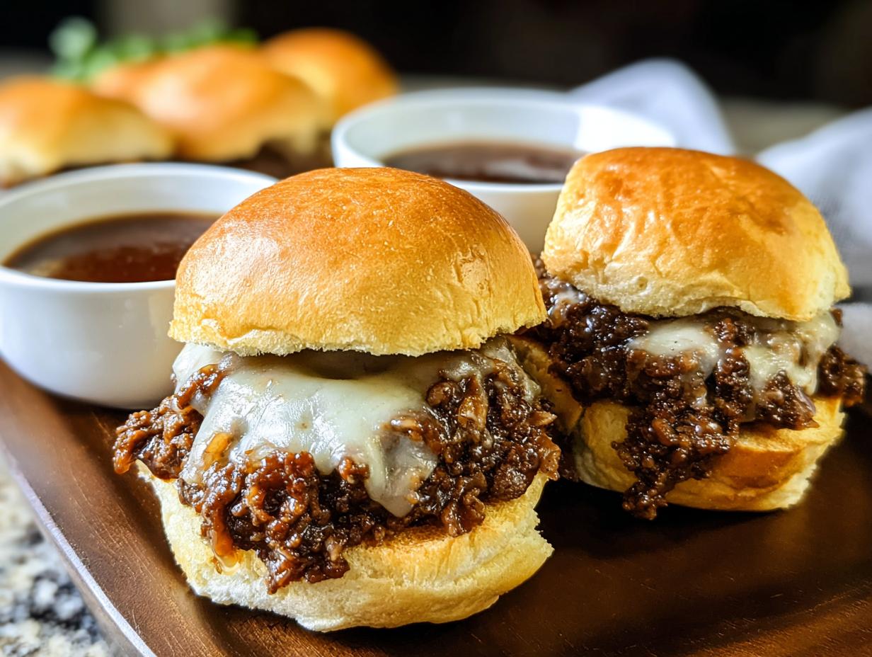 French Dip Sloppy Joes - assembled sandwiches with au jus for dipping