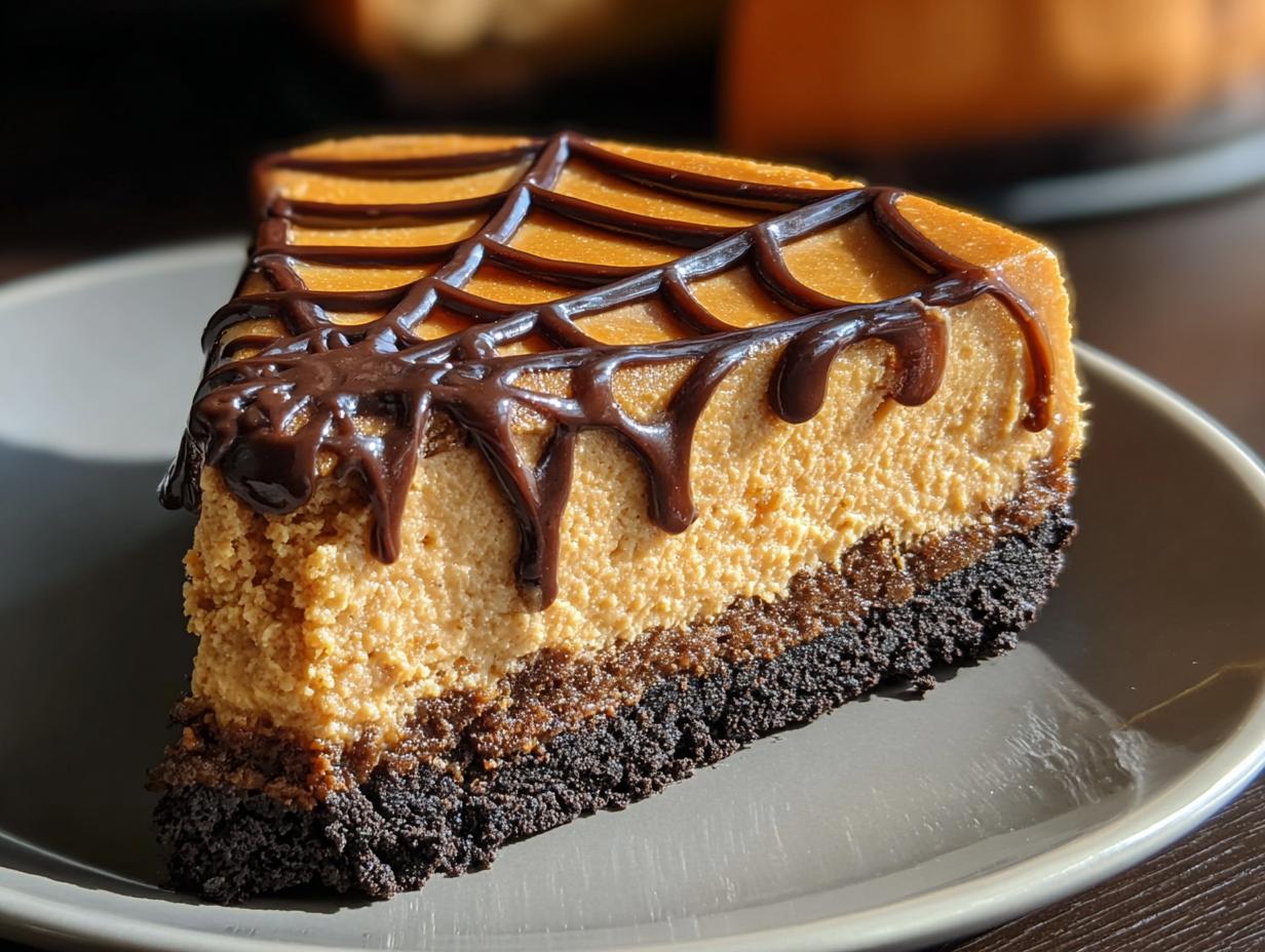 Spooky Halloween Pumpkin Cheesecake - decorated with chocolate spiderweb