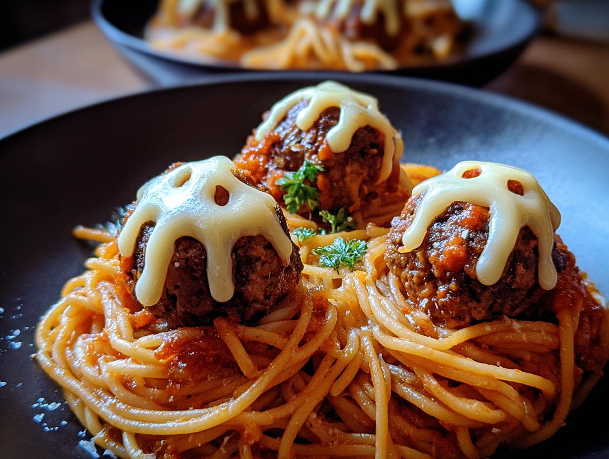 Spooky Spaghetti Cheesy Monster - close-up of cheesy meatballs with olive eyes on pasta