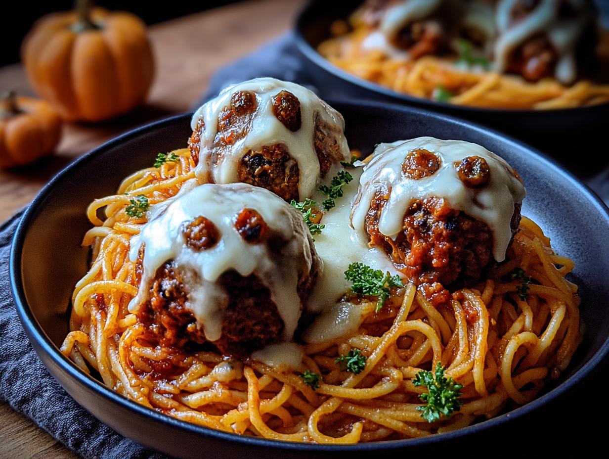 Spooky Spaghetti Cheesy Monster - close-up of spaghetti being tossed with olive oil