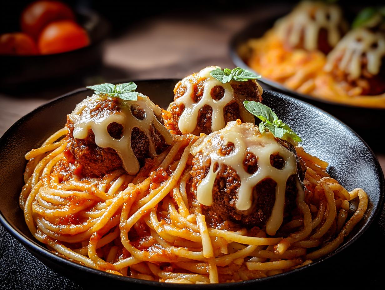 Spooky Spaghetti Cheesy Monster - assembled dish with meatballs as monsters on pasta