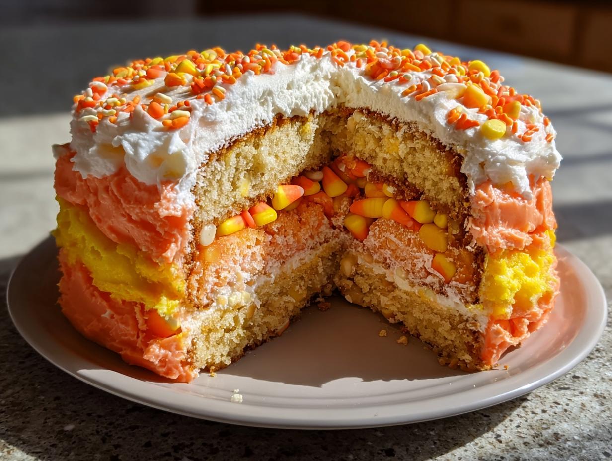 Stuffed Candy Corn Pinata Cake: Amazing Halloween Treat - Stuffed Candy Corn Pinata - main visual representation