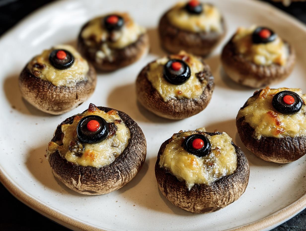 Stuffed Mushroom Eyeballs: Terrifyingly Tasty 20 Min Recipe - Close-up of stuffed mushroom eyeballs with olives as pupils