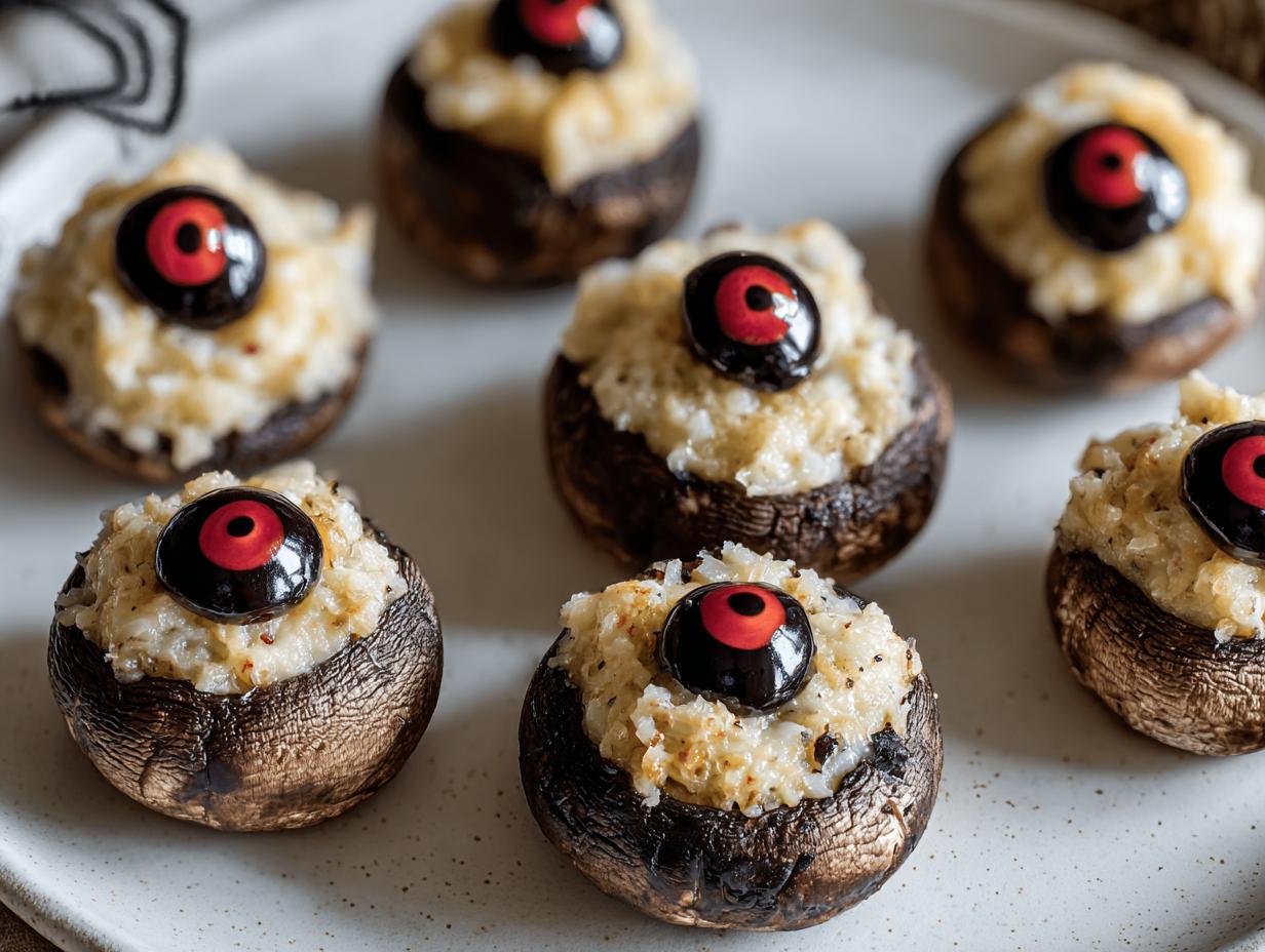 Stuffed Mushroom Eyeballs: Terrifyingly Tasty 20 Min Recipe - A platter of finished stuffed mushroom eyeballs ready to serve