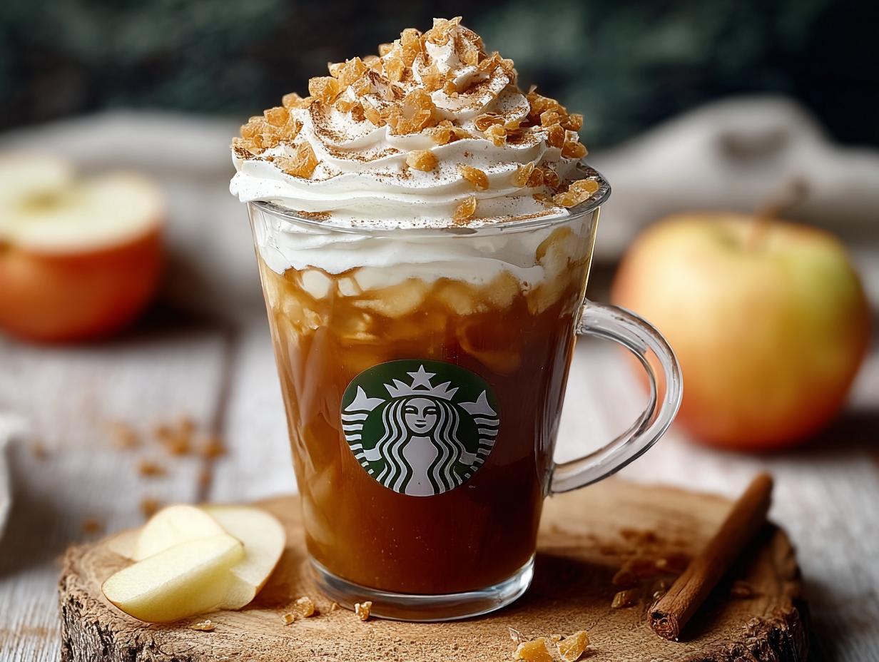 Apple Crisp Chai Starbucks: Close-up of the finished drink with toppings