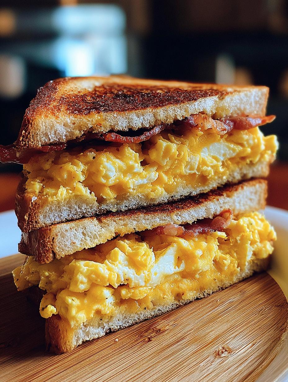 Breakfast Grilled Cheese Scrambled: A perfectly golden-brown sandwich with melted cheese oozing out.