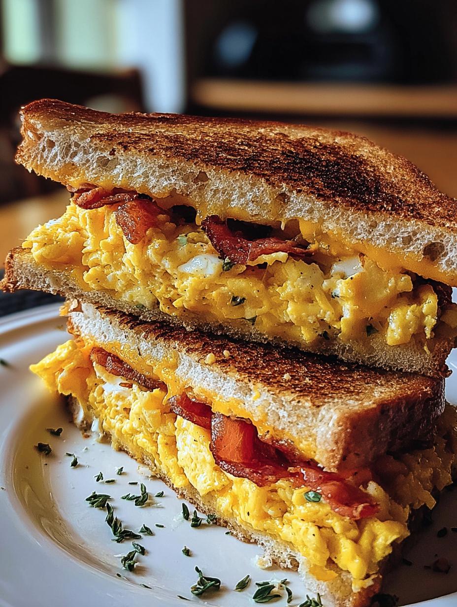 Close-up of a Breakfast Grilled Cheese Scrambled sandwich being cut in half, revealing gooey cheese and scrambled eggs.