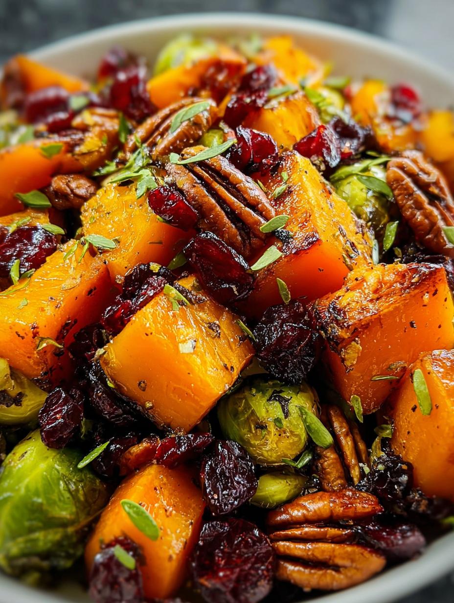 Butternut Squash Brussels Sprouts: Amazing Fall Dish - Close-up of the finished butternut squash and Brussels sprouts salad with cranberries and nuts