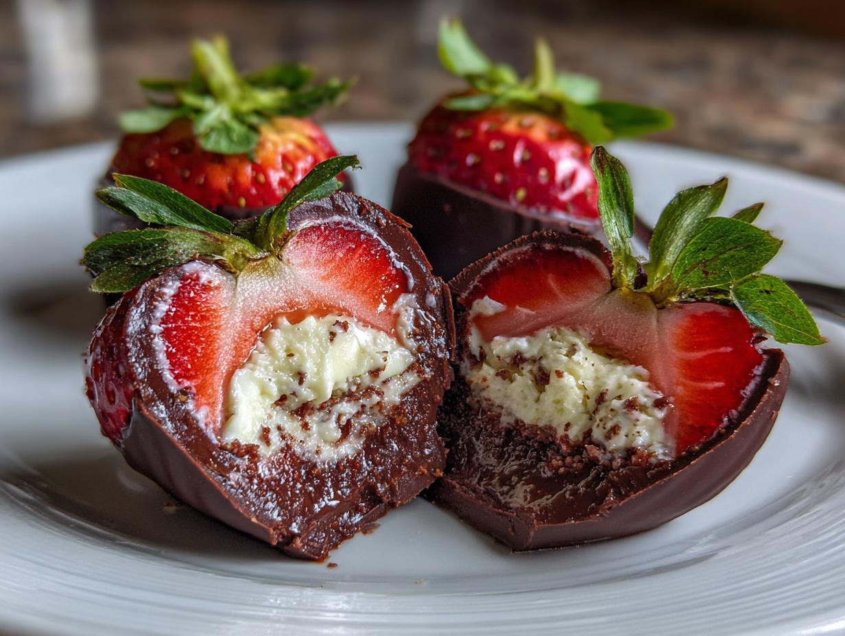 Sensational Chocolate Cheesecake Stuffed Strawberries 4 Sensational Chocolate Cheesecake Stuffed Strawberries - close-up of filled strawberries