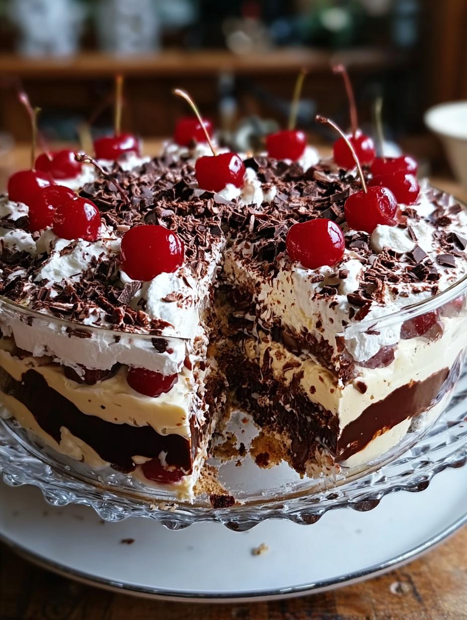 Christmas Black Forest Trifle: 1 Amazing Holiday Dessert 6 Close-up of Christmas Black Forest Trifle layers