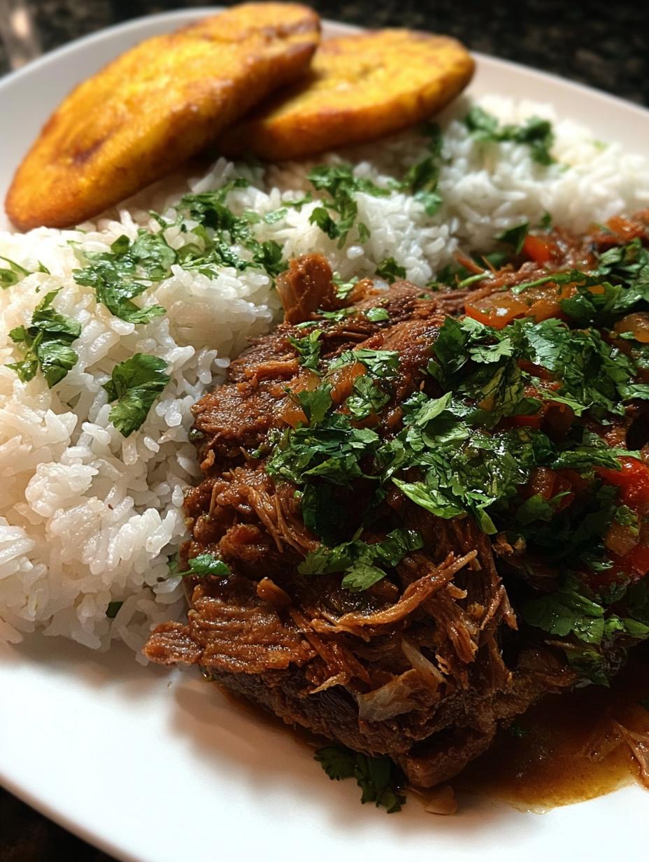 Colombian Carne Desmechada: Tender Beef Magic - Plated dish with shredded beef and sauce, garnished with cilantro