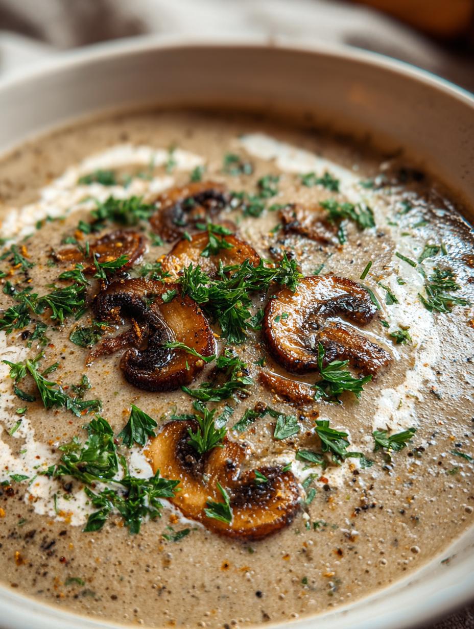 Rich & Velvety Creamy Mushroom Soup 2 Ways 4 Rich & Velvety Creamy Mushroom Soup - close-up of a bowl with fresh herbs