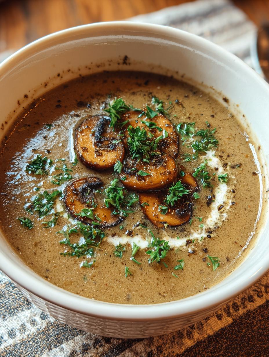 Rich & Velvety Creamy Mushroom Soup 2 Ways 5 Creamy Mushroom Soup - bowl garnished with fresh herbs and a swirl of cream