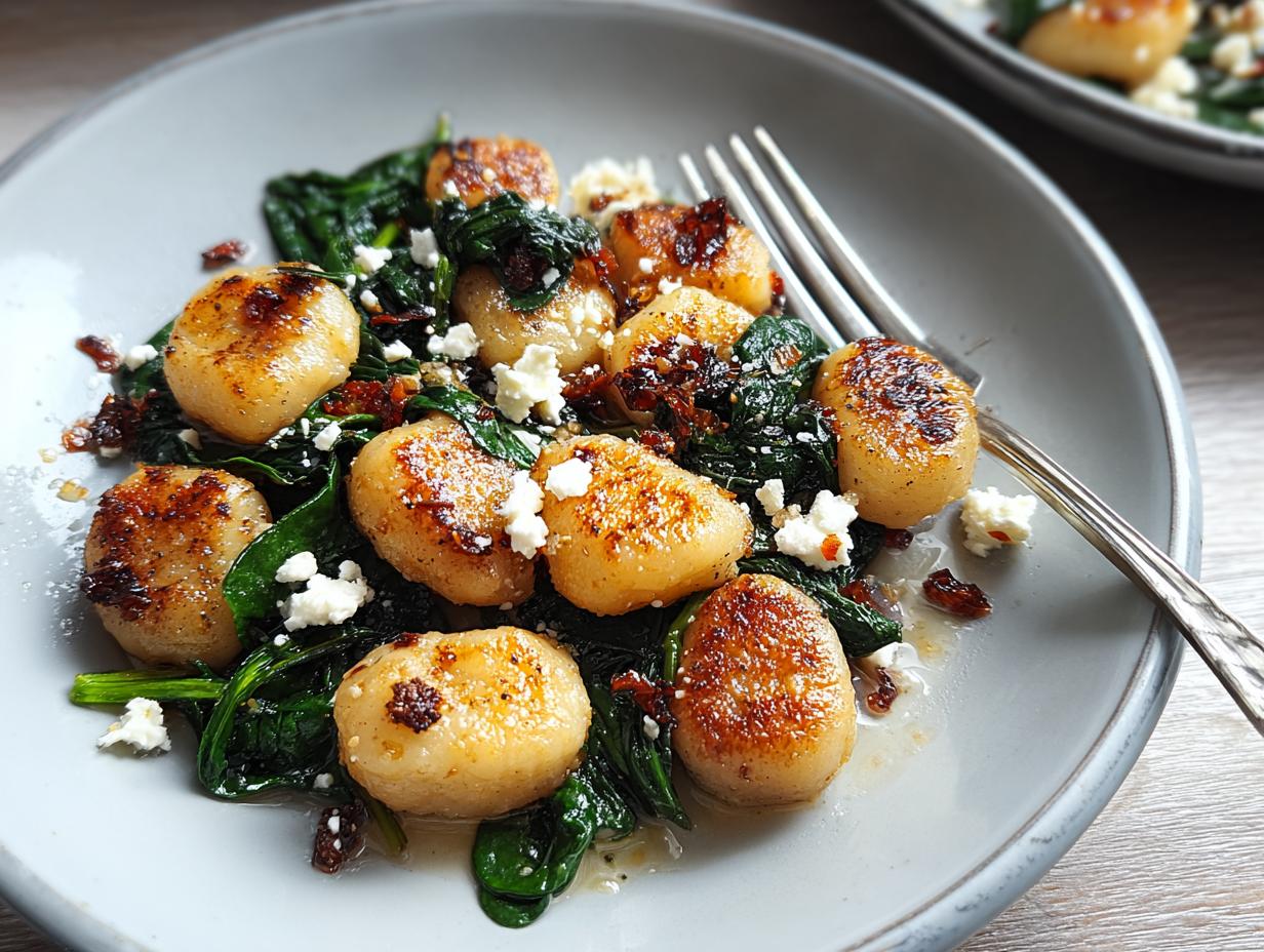 Close-up of pan-fried crispy gnocchi with fresh spinach and crumbled feta cheese.