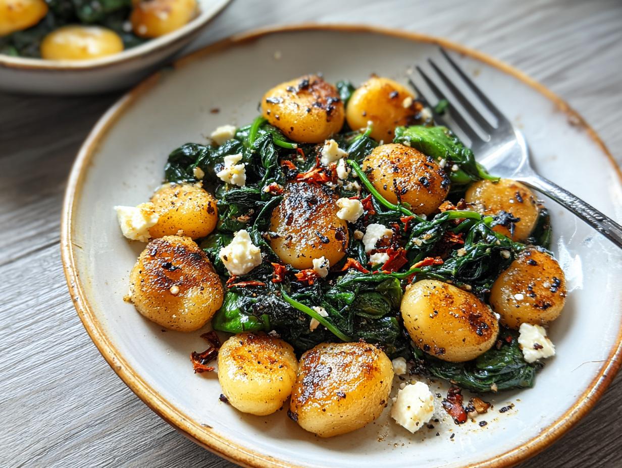 Sheet pan crispy gnocchi with spinach and feta cheese, ready to be served.