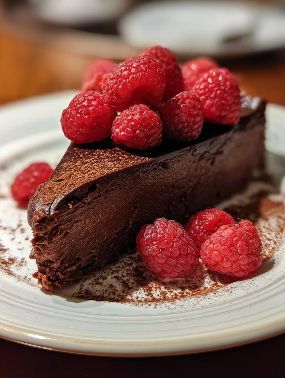Flourless Chocolate Torte Raspberries: Close-up of rich chocolate torte with fresh raspberries on top