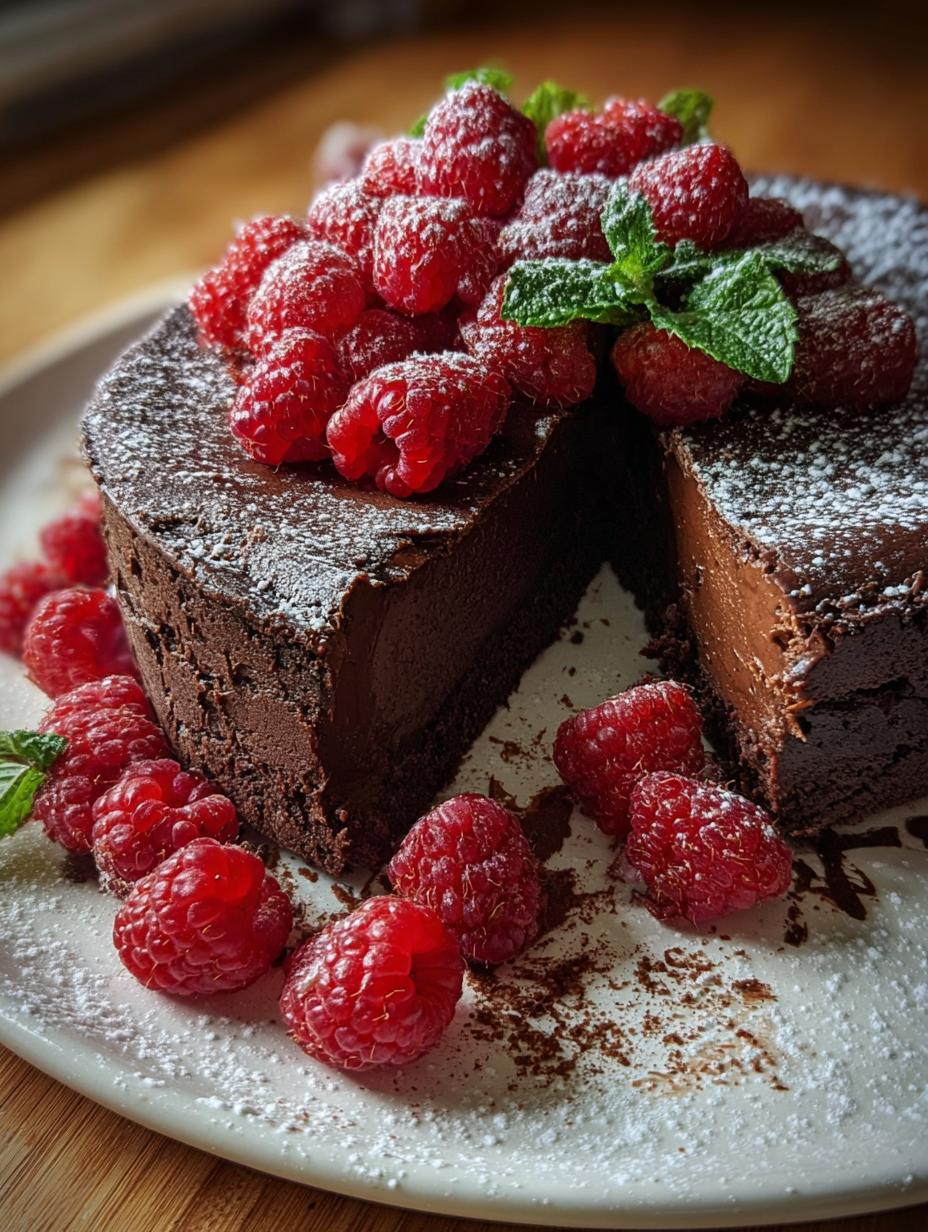 Flourless Chocolate Torte Raspberries: Slice of chocolate torte with raspberries and a dollop of whipped cream