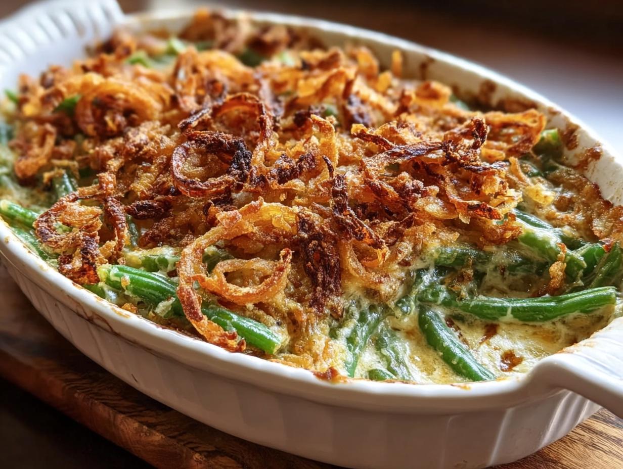 Green Bean Casserole Thanksgiving: 7 Secrets - A perfectly baked green bean casserole topped with crispy fried onions