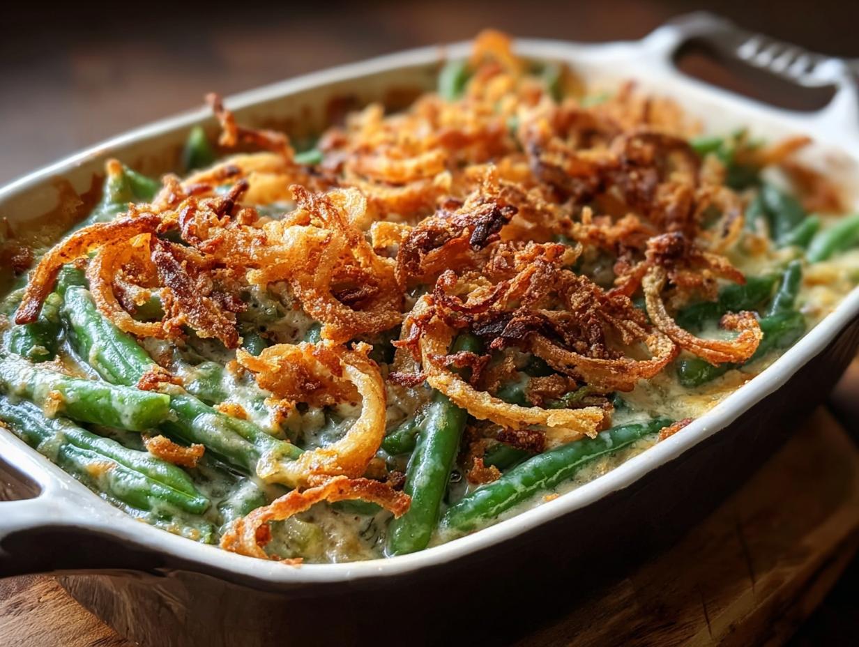 Green Bean Casserole Thanksgiving: 7 Secrets - Close-up of creamy green bean casserole with crispy onion topping