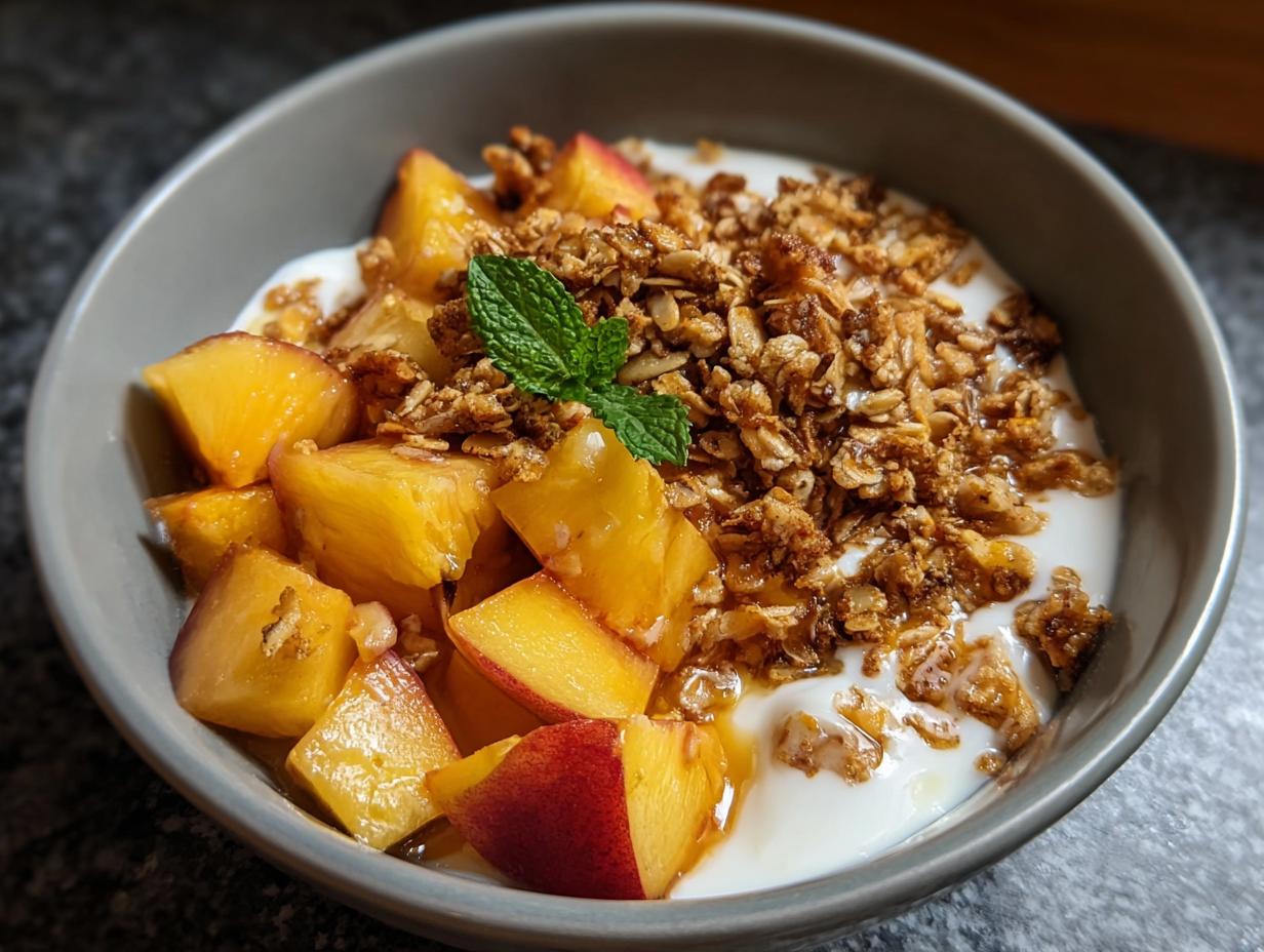 Peach Cobbler Greek Yogurt: 10 Mins 2 Heaven 4 Peach Cobbler Greek Yogurt - creamy yogurt base with cinnamon and honey