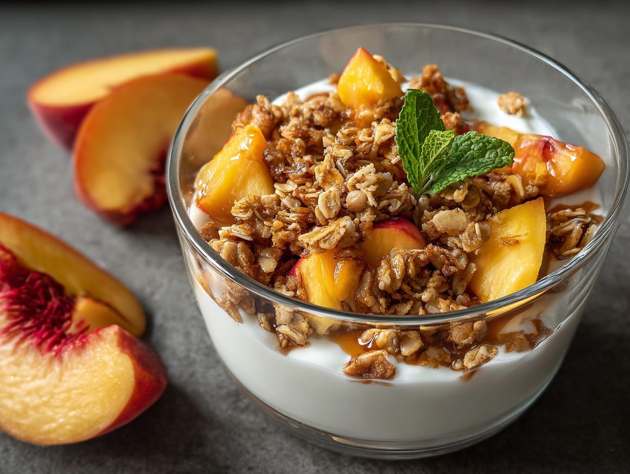 Peach Cobbler Greek Yogurt: 10 Mins 2 Heaven 5 Peach Cobbler Greek Yogurt - assembled bowl with peaches, granola, and nuts