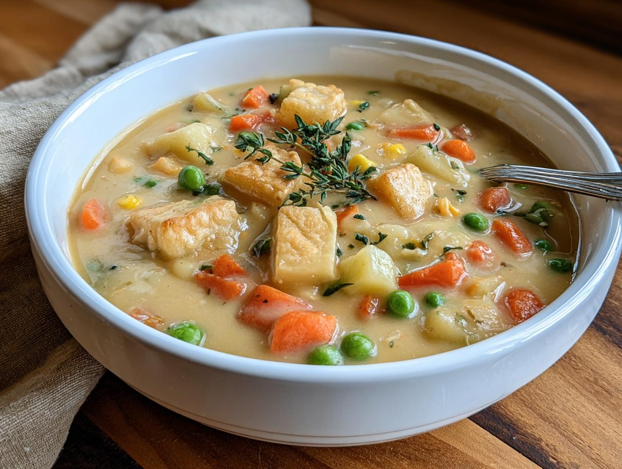 Amazing Veggie Pot Pie Soup Recipe - Close-up of creamy Veggie Pot Pie Soup in a bowl