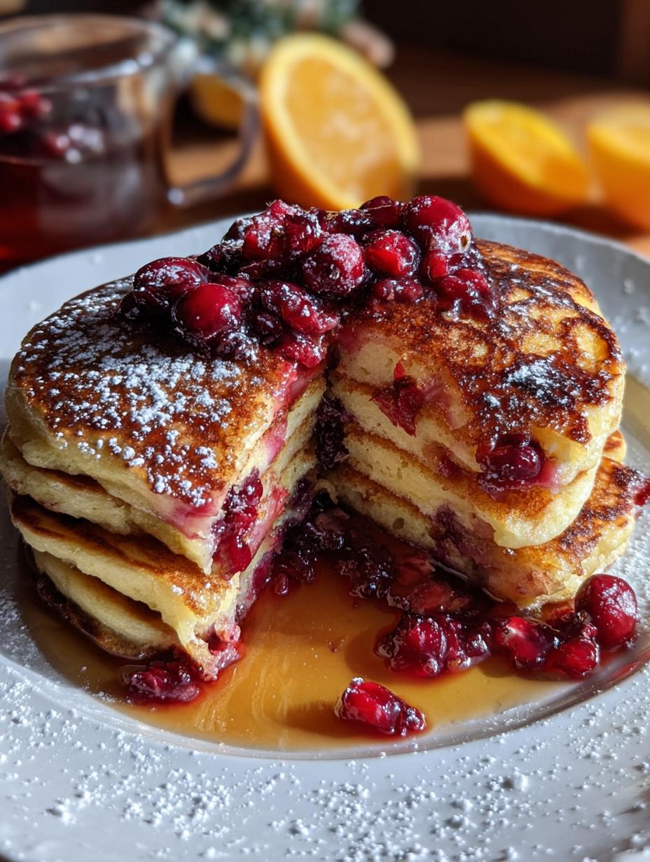Cranberry Orange Pancakes: 10 Minute Fluffy Recipe - Close-up of fluffy cranberry orange pancakes stacked on a plate, drizzled with syrup.