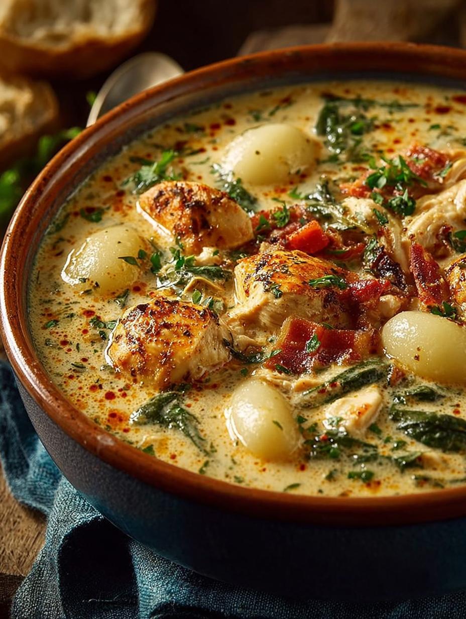 Delicious Marry Chicken Gnocchi Soup in a pot with fresh ingredients