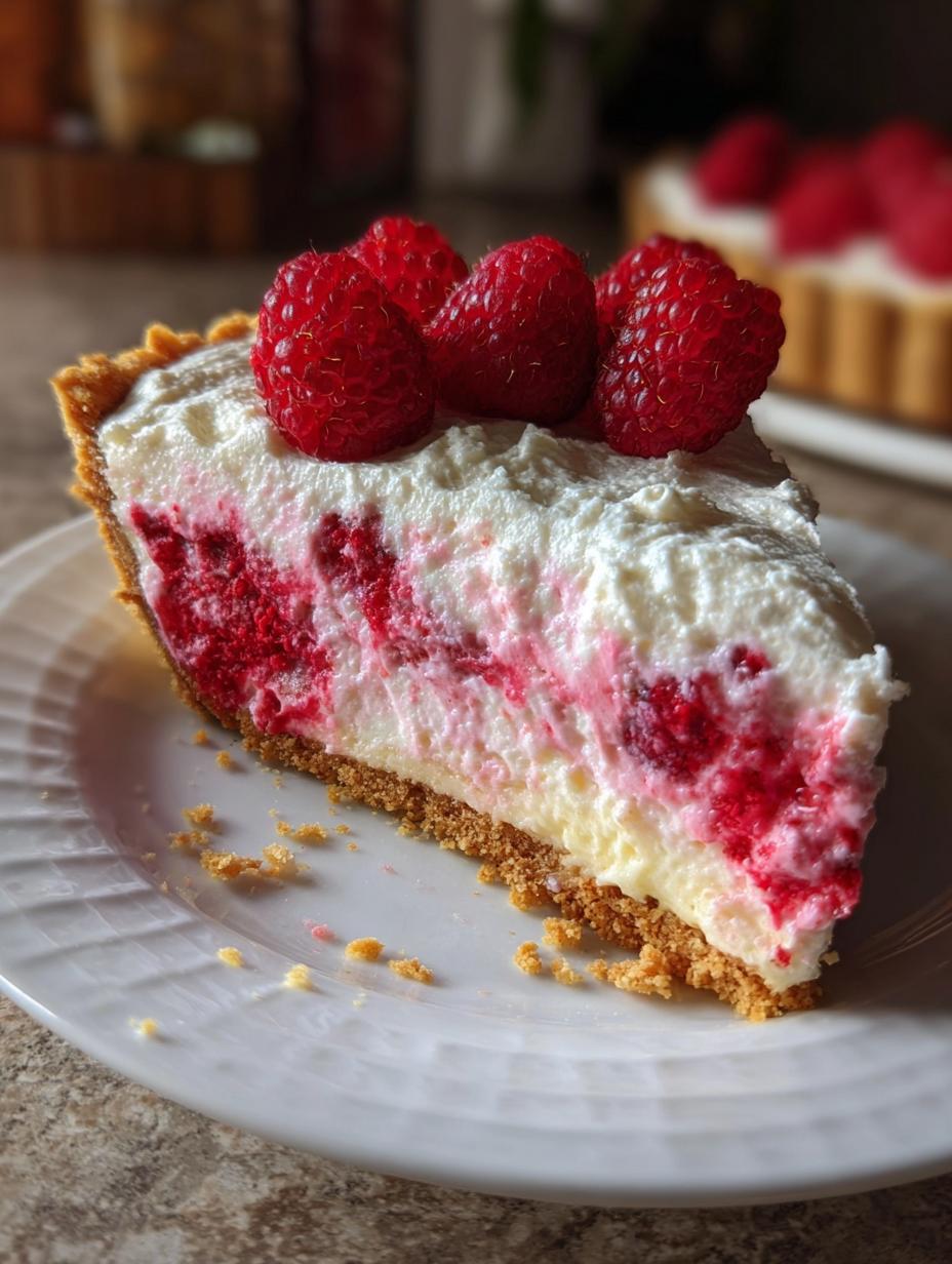 Raspberry Cream Cheese Cloud: Divine No-Bake Treat - finished pie with raspberry swirl