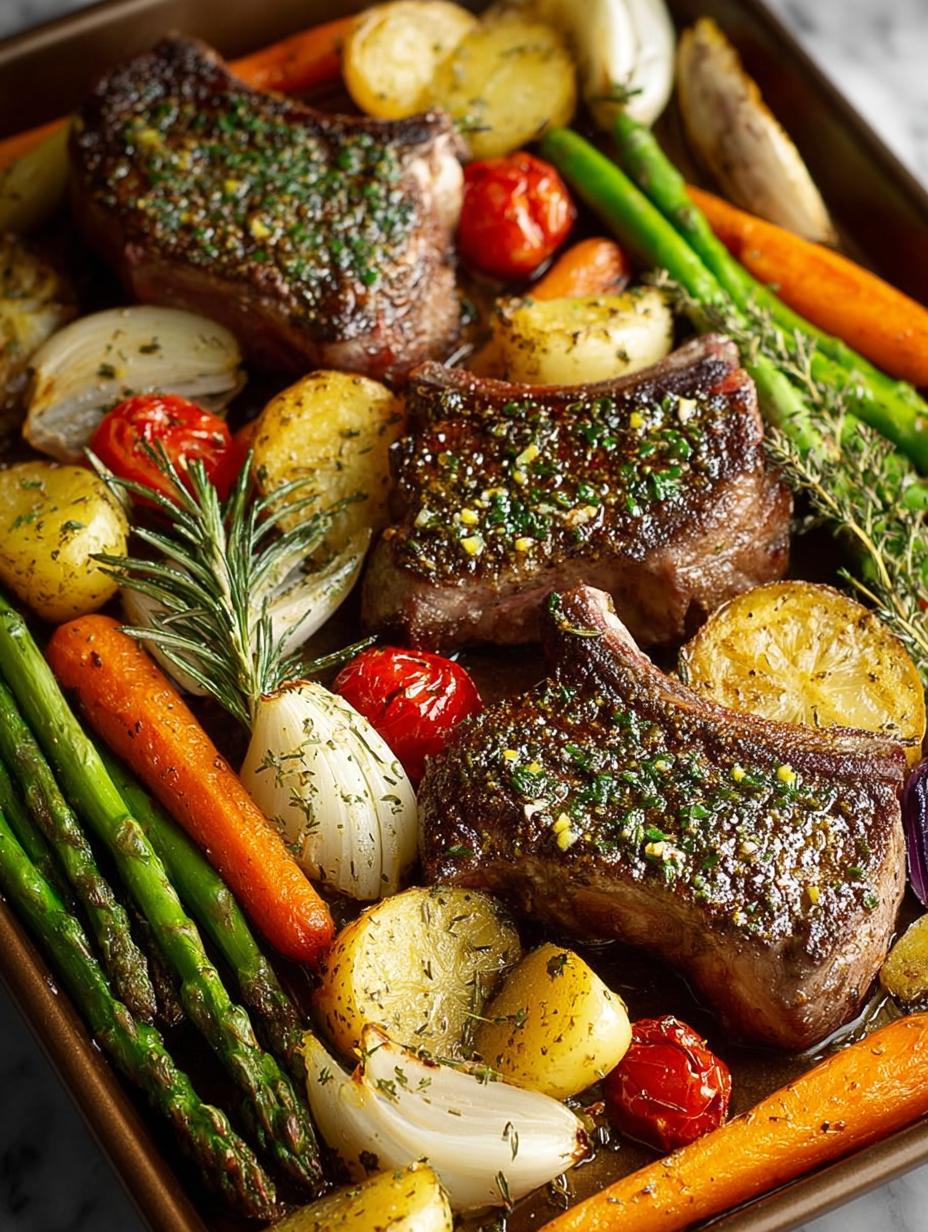Irresistible Sheet Pan Lamb Chops fresh from the oven on a serving platter