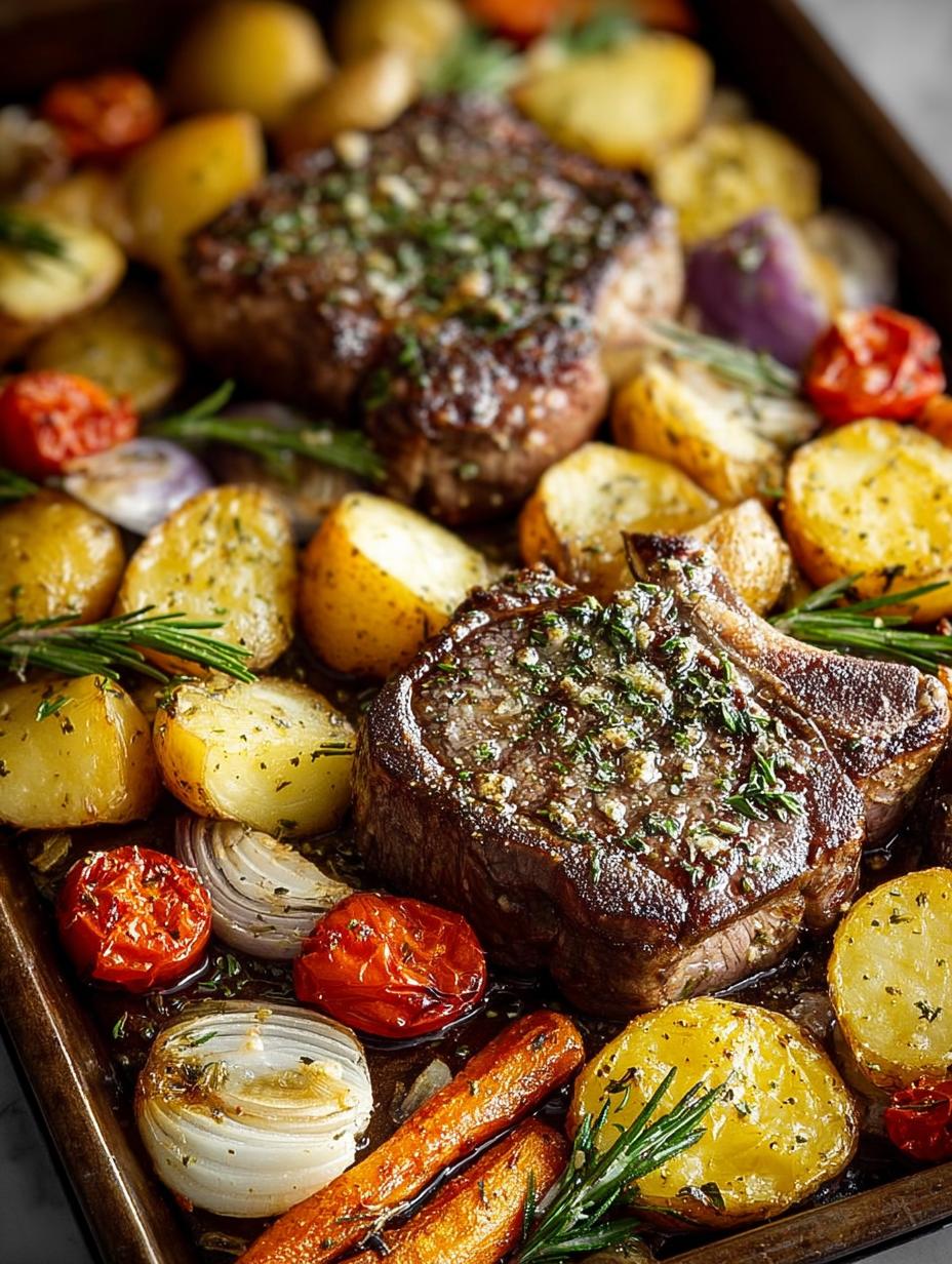 Delicious Sheet Pan Lamb Chops with colorful vegetables ready to serve