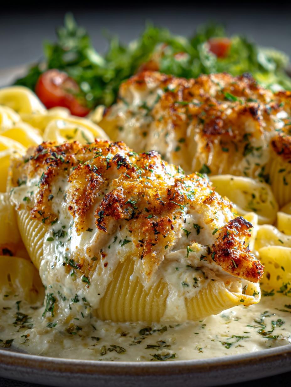 Delicious Baked Chicken Alfredo Stuffed Shells ready to serve