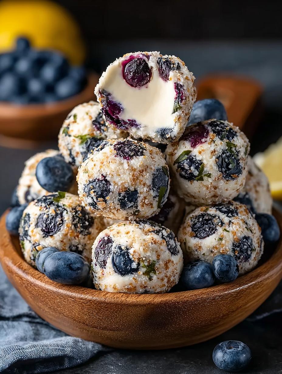 Irresistible Blueberry Cheesecake Protein Bites fresh from the refrigerator on a plate