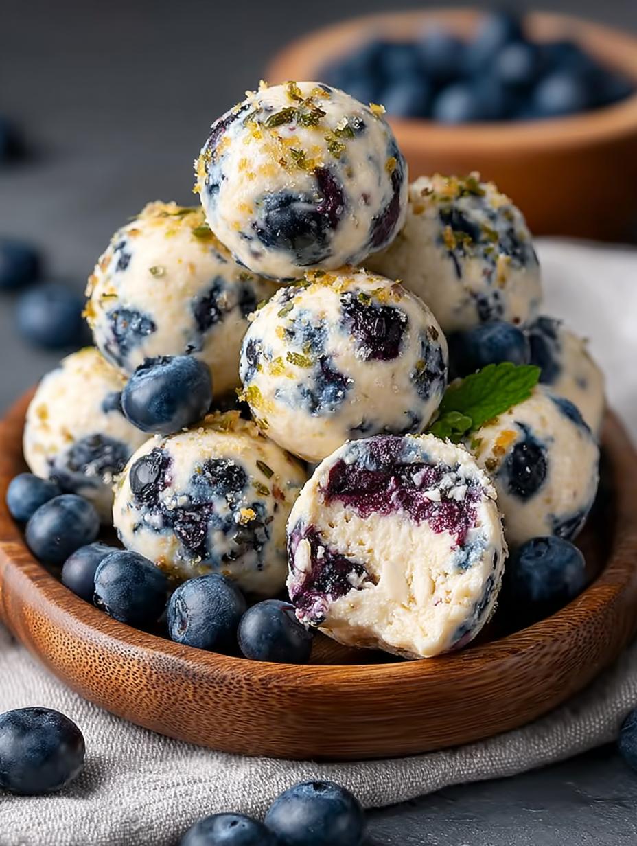 Delicious Blueberry Cheesecake Protein Bites displayed on a table