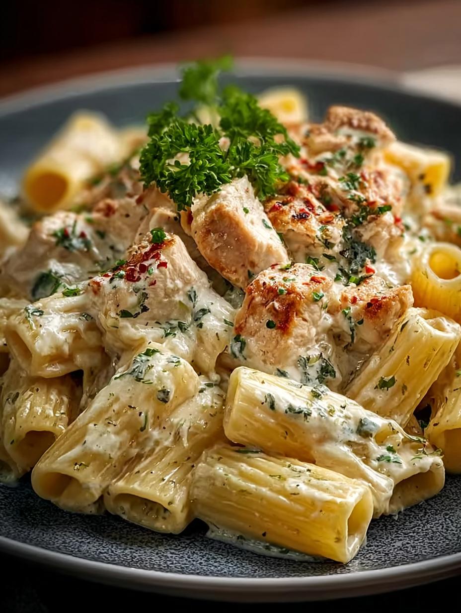 Delicious Chicken Rigatoni Alfredo with creamy sauce and fresh parsley