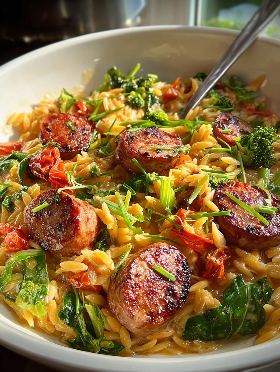 Chicken Sausage Orzo: A Flavorful One-Pan Wonder 4 Delicious Chicken Sausage Orzo served in a bowl with broccoli and Parmesan