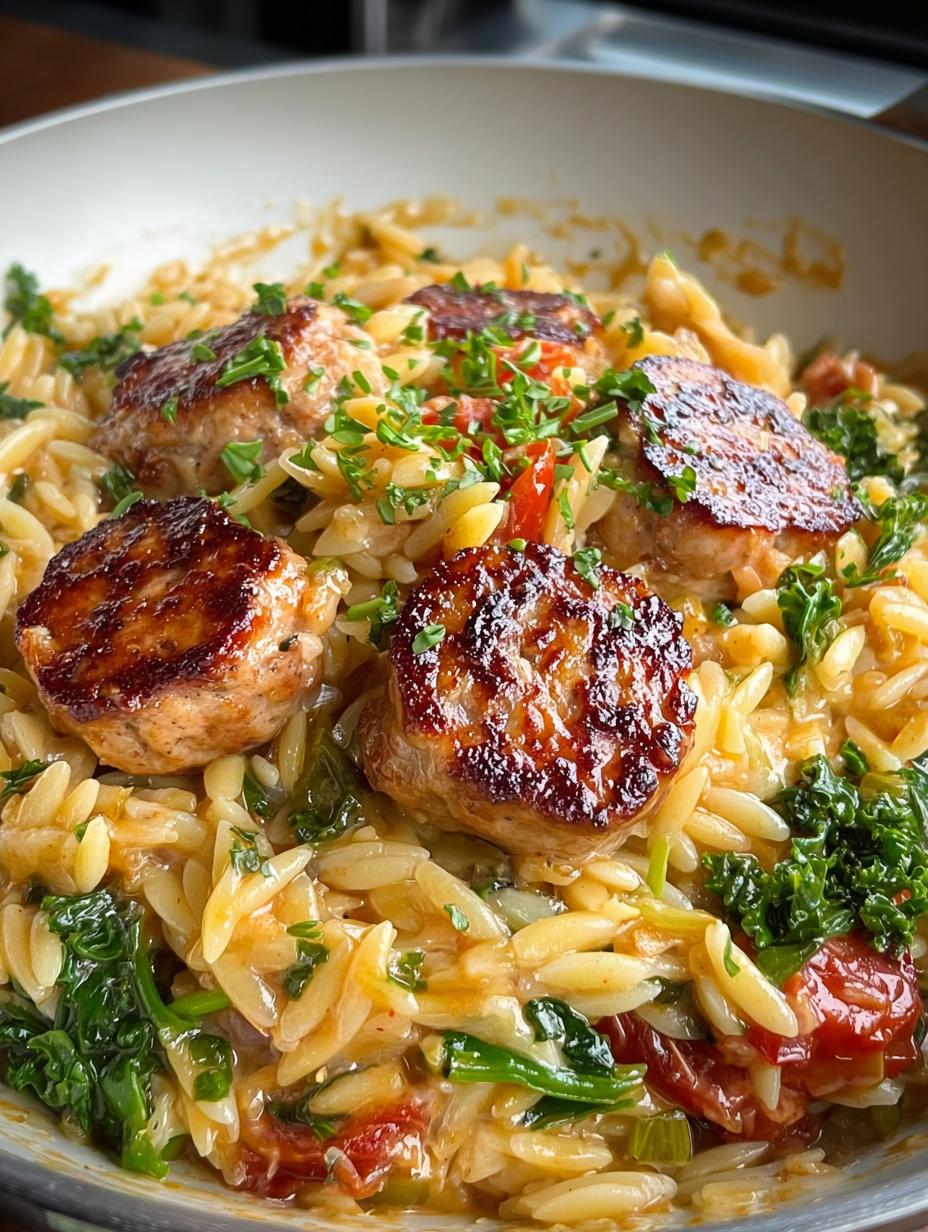 Close-up of Chicken Sausage Orzo with vibrant colors and textures