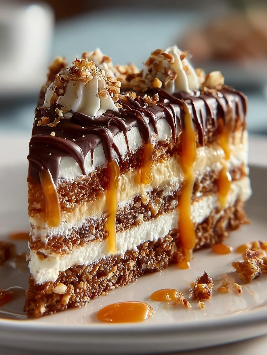 Deliciously layered Christmas Toffee Crunch Cake ready to be served