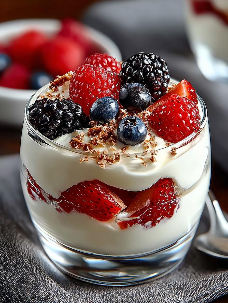 Greek Yogurt Berry Parfait with layers of yogurt, berries, and granola