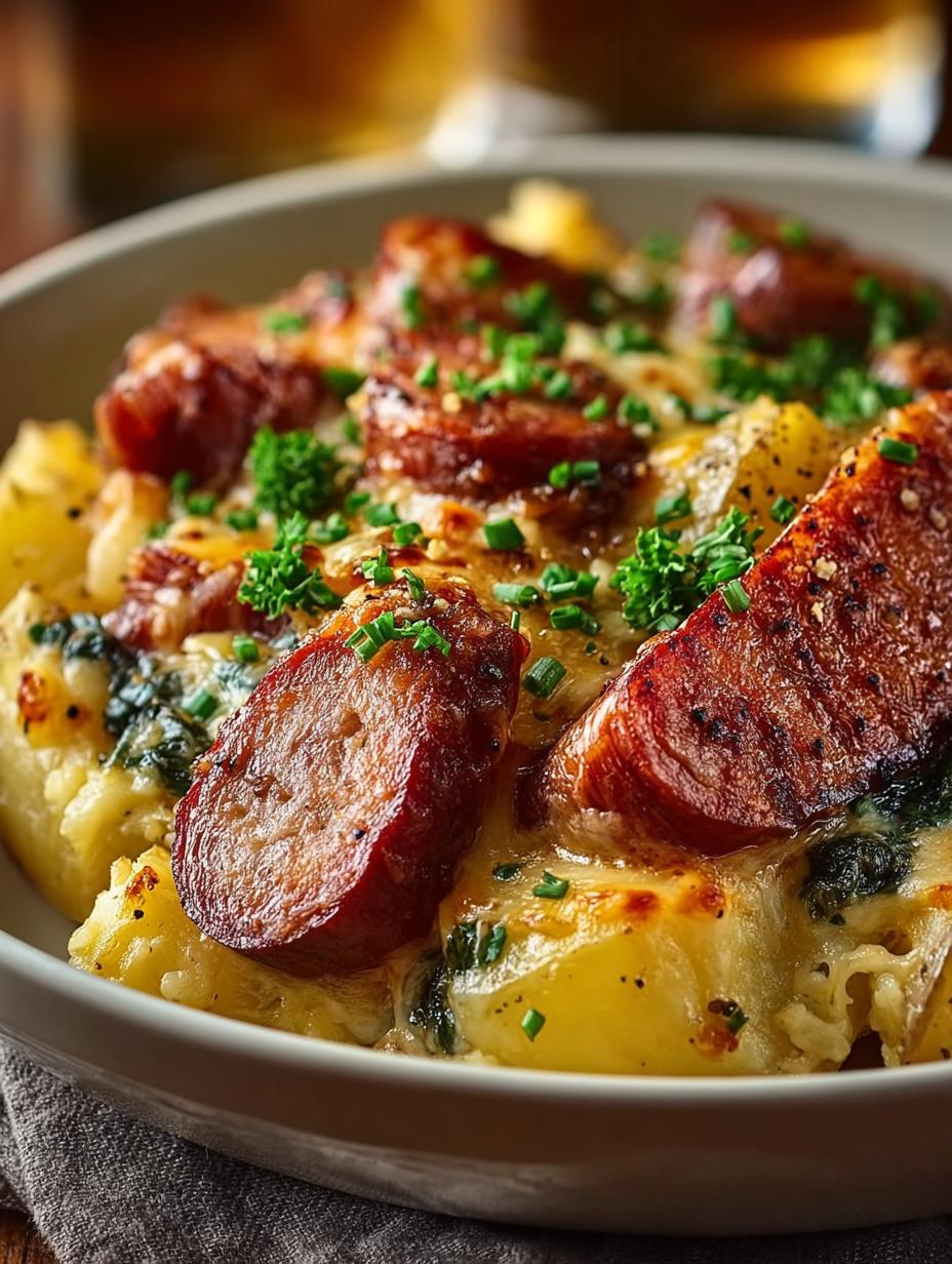 Delicious Kielbasa Sausage Cheesy Potato Casserole ready to serve