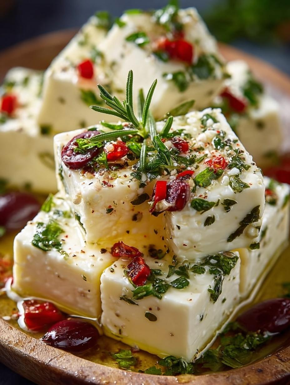 Marinated Cheese: 5 Delicious Ways to Enjoy This Appetizer 4 Irresistible marinated cheese with olives and herbs ready to serve
