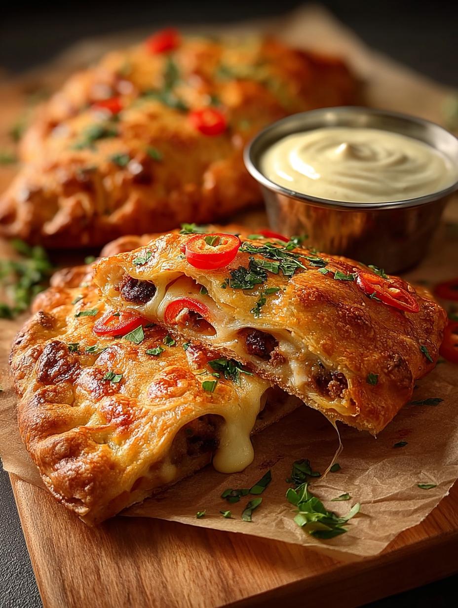 Delicious Pizza Calzone with Beef, filled with seasoned ground beef and mozzarella cheese