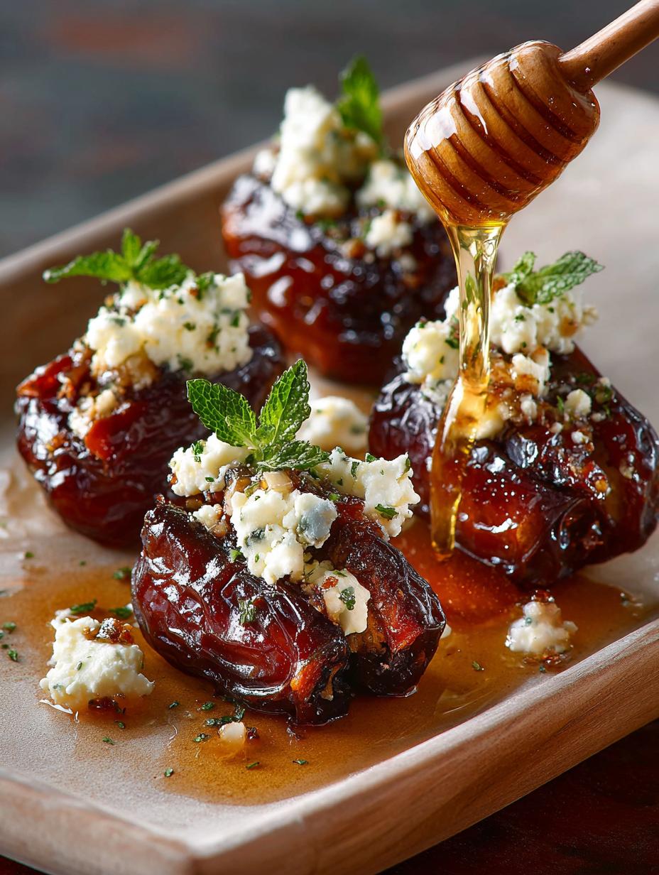 Roasted Stuffed Dates with Goat Cheese: 7 Irresistible Bites 4 Irresistible roasted stuffed dates with goat cheese and honey on a serving platter